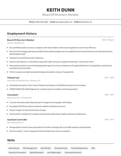 Board Of Directors Member Resume