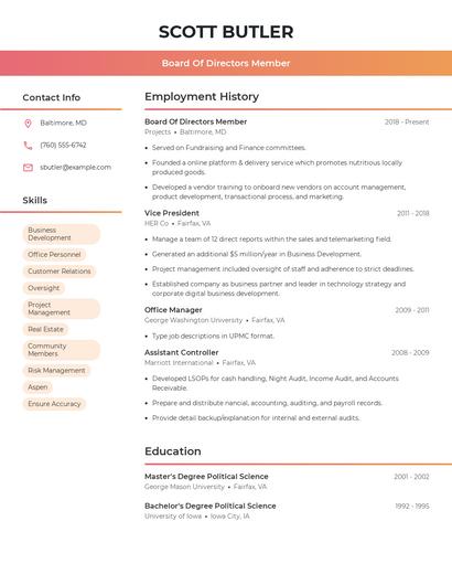 Board Of Directors Member Resume