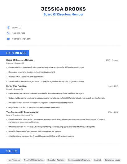 Board Of Directors Member Resume