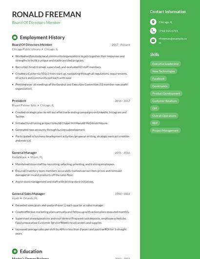 Board Of Directors Member Resume