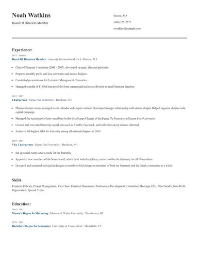 Board Of Directors Member Resume