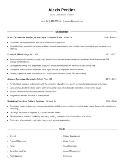 Board Of Directors Member Resume