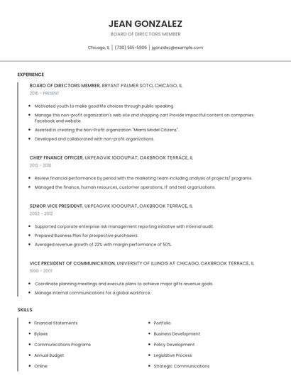 Board Of Directors Member Resume