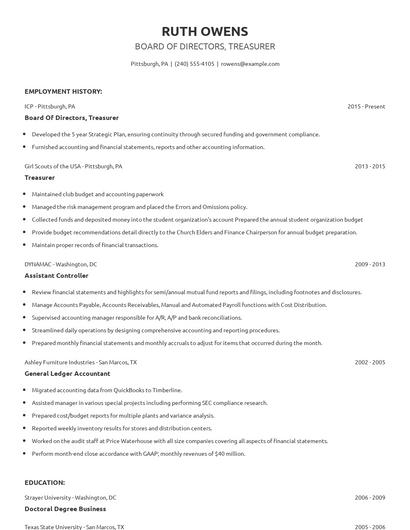 Board Of Directors, Treasurer Resume