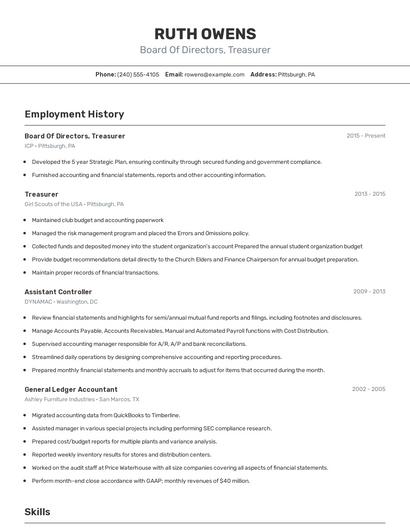 Board Of Directors, Treasurer Resume