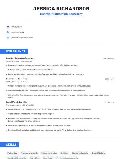 Board Of Education Secretary Resume