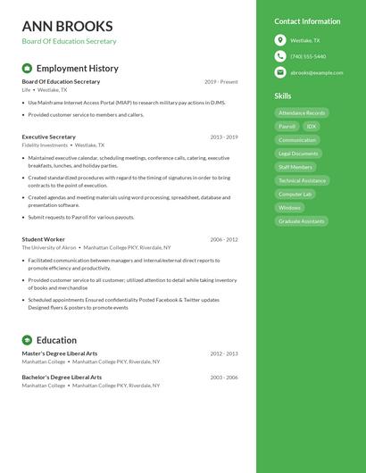 Board Of Education Secretary Resume