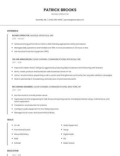 Board Operator Resume