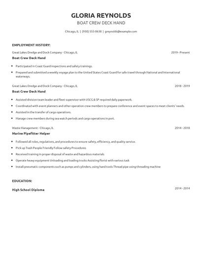 Boat Crew Deck Hand Resume
