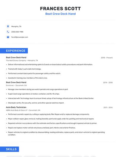 Boat Crew Deck Hand Resume