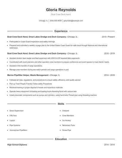 Boat Crew Deck Hand Resume