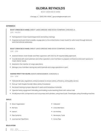 Boat Crew Deck Hand Resume