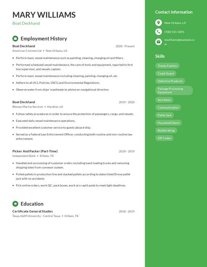 Boat Deckhand Resume