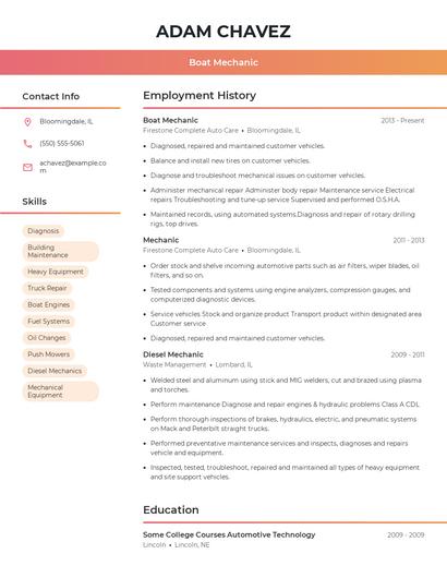 Boat Mechanic Resume
