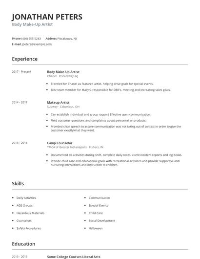 Body Make-Up Artist Resume