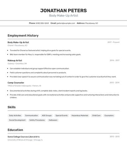 Body Make-Up Artist Resume