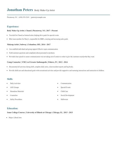 Body Make-Up Artist Resume