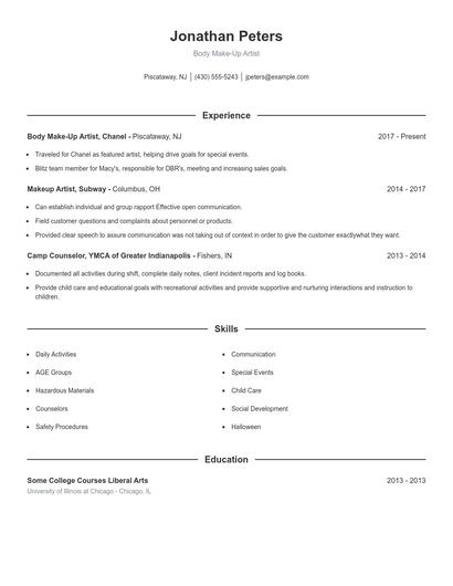 Body Make-Up Artist Resume
