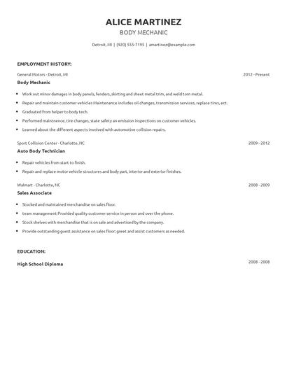 Body Mechanic Resume