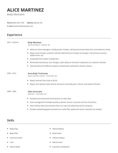 Body Mechanic Resume