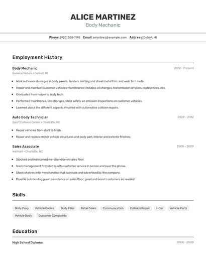 Body Mechanic Resume