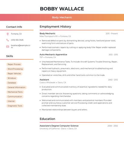 Body Mechanic Resume