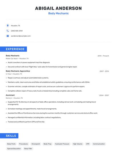 Body Mechanic Resume