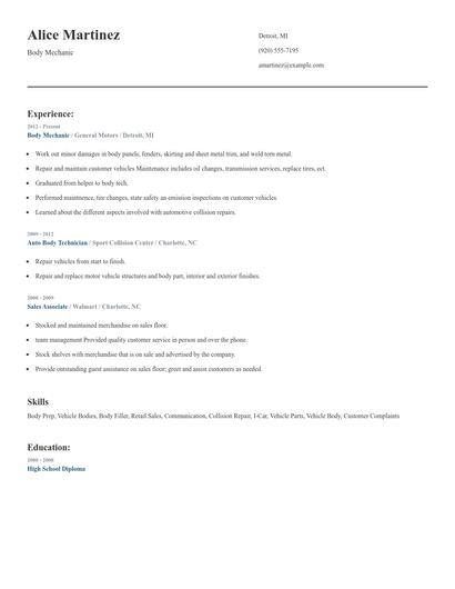 Body Mechanic Resume