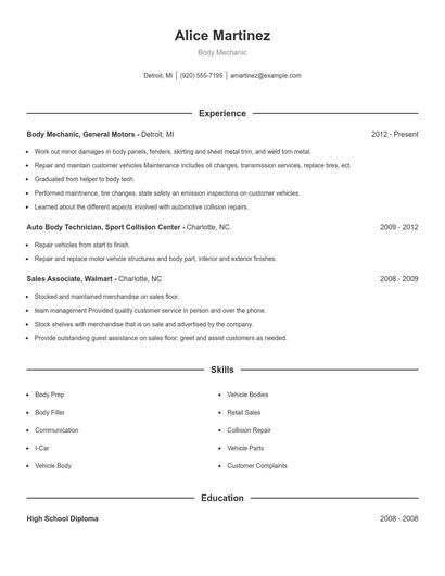 Body Mechanic Resume