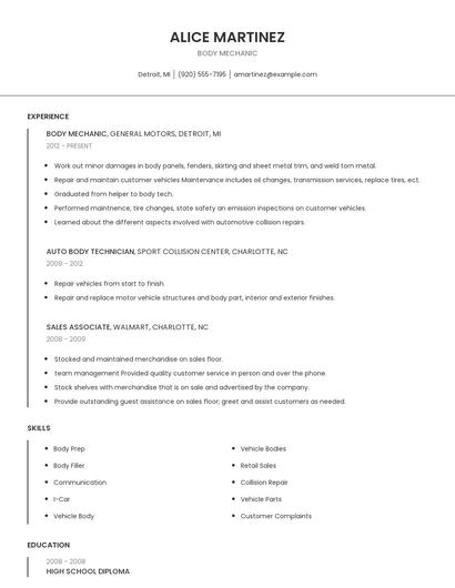 Body Mechanic Resume