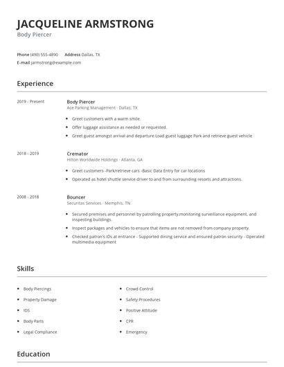 Body Piercer Resume