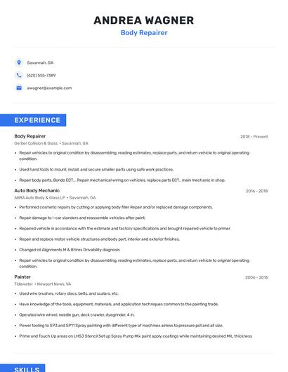 Body Repairer Resume