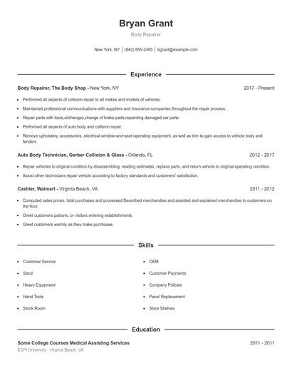 Body Repairer Resume