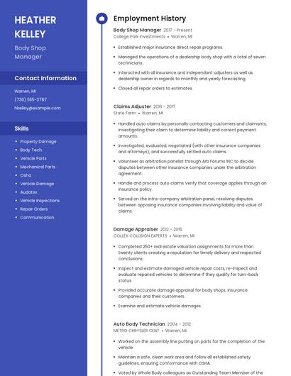 Body Shop Manager Resume