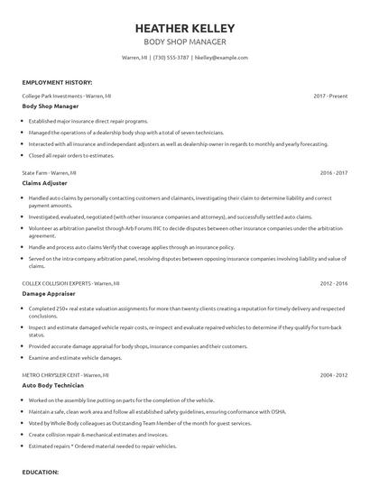 Body Shop Manager Resume