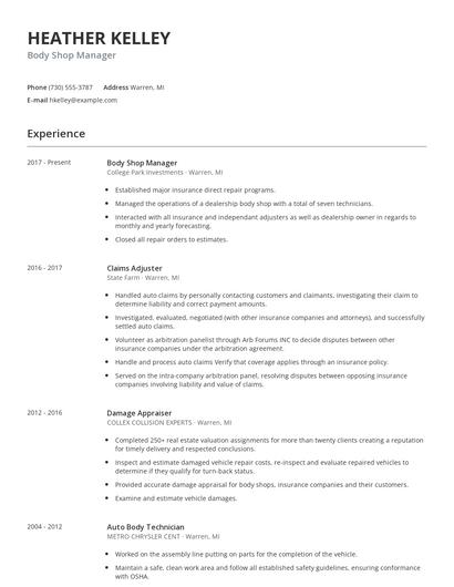Body Shop Manager Resume