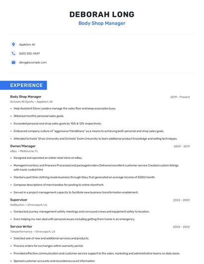 Body Shop Manager Resume
