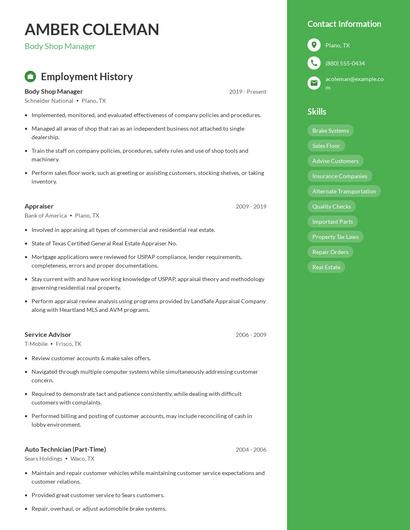 Body Shop Manager Resume