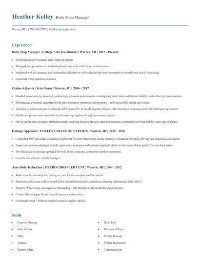 Body Shop Manager Resume