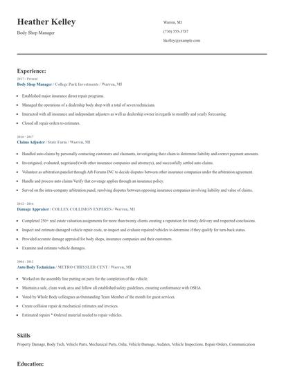 Body Shop Manager Resume
