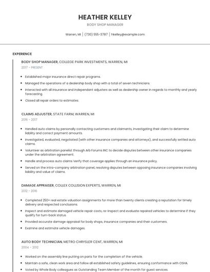 Body Shop Manager Resume