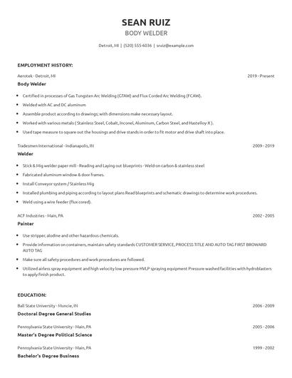 Body Welder Resume