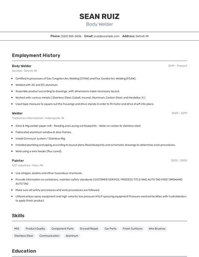 Body Welder Resume