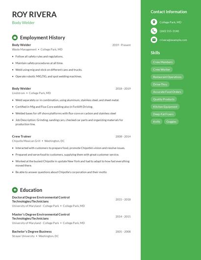 Body Welder Resume