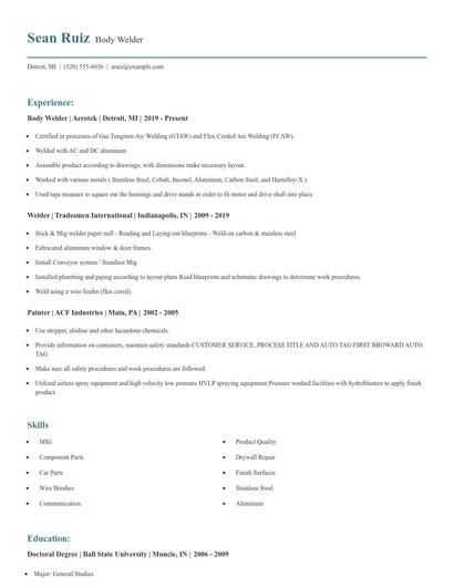 Body Welder Resume