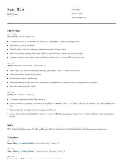 Body Welder Resume