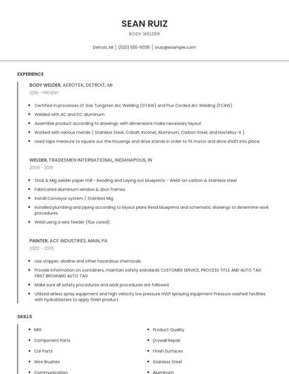 Body Welder Resume