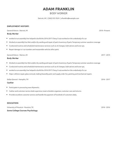 Body Worker Resume
