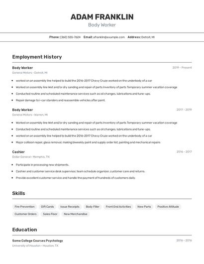 Body Worker Resume