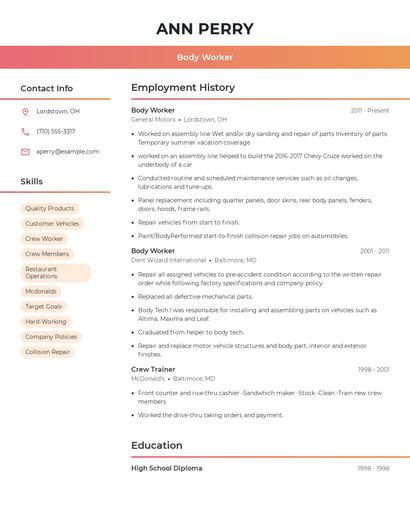 Body Worker Resume